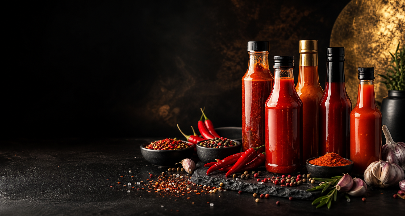 Molhos de pimenta, temperos e especiarias sobre fundo preto