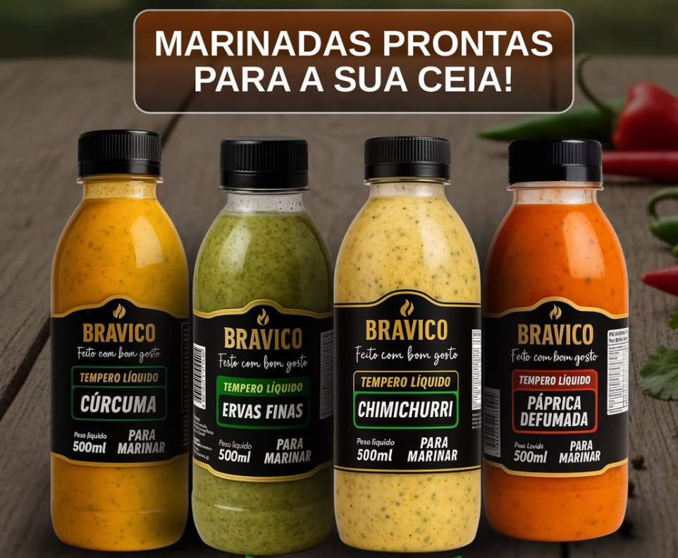 Linha de marinadas prontas Bravico com cúrcuma, ervas finas, chimichurri e páprica defumada